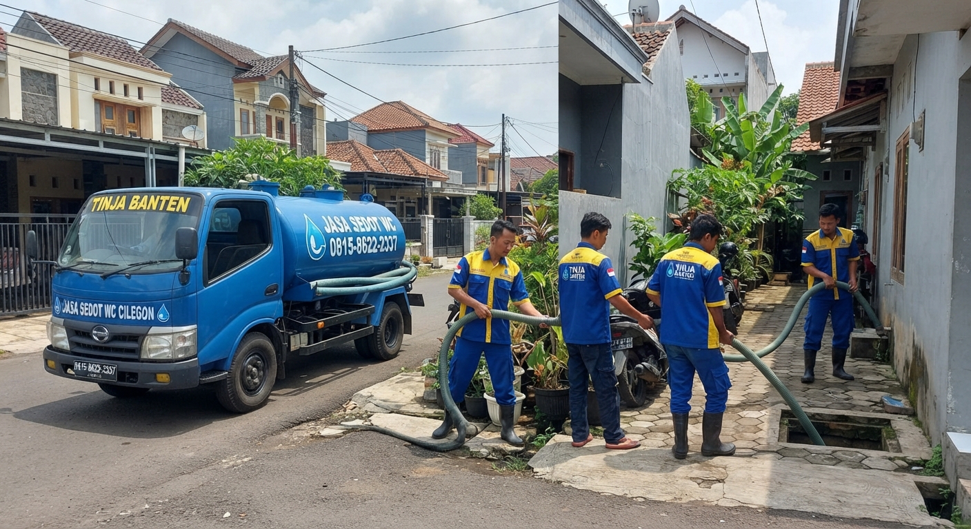 Pekerja TINJA BANTEN sedang melakukan perawatan saluran dan sedot WC di Banten, Tangerang, dan Jakarta Selatan